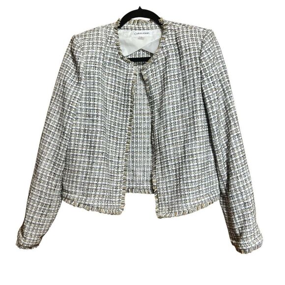 Calvin Klein Jacket Women 6 Multicolor Tweed Plaid Wool Blend Fringe Open Jacket - Picture 1 of 9